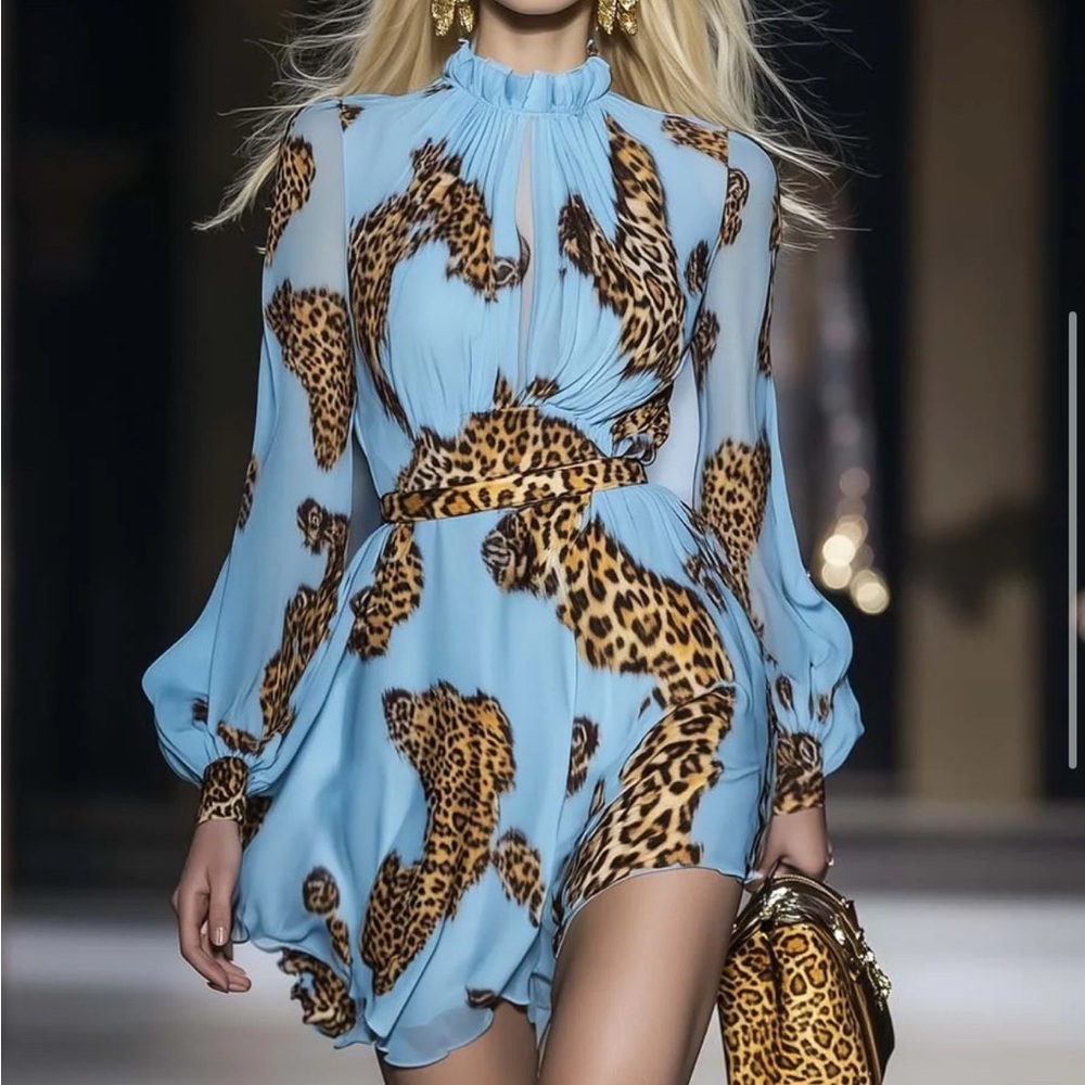 Elegant Long Sleeve Leopard Print Dress